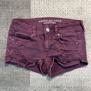 American Eagle Shortie Distressed Denim Shorts Burgundy Womens 4 Low Rise